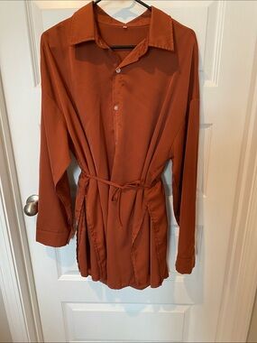 Rust Brown Long-Sleeve Button Shirt dress with Tie Waist and shorts